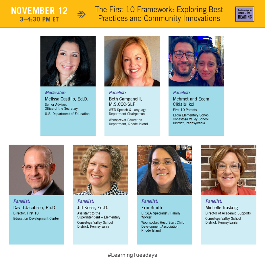 Image of the presenters for the Campaign for Grade-level Reading webinar, The First 10 Framework: Exploring Best Practices and Community Innovations.