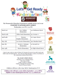 Woonsocket "Passport to Kindergarten" handout showing dates of different events.